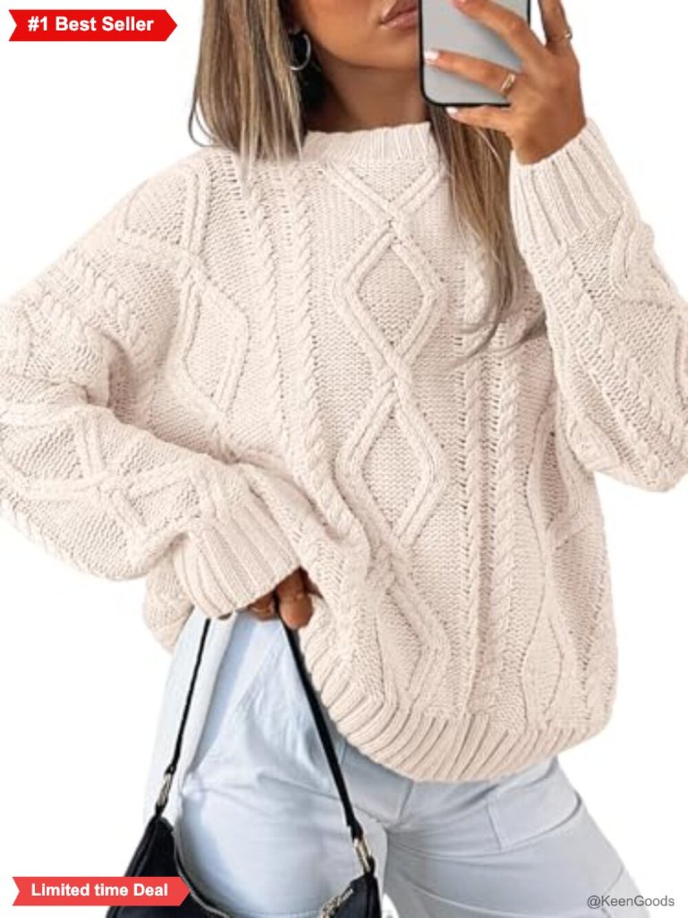 Oversized Cable Knit Sweater Cotton Blend Pullover Crew Neck Long Sleeve